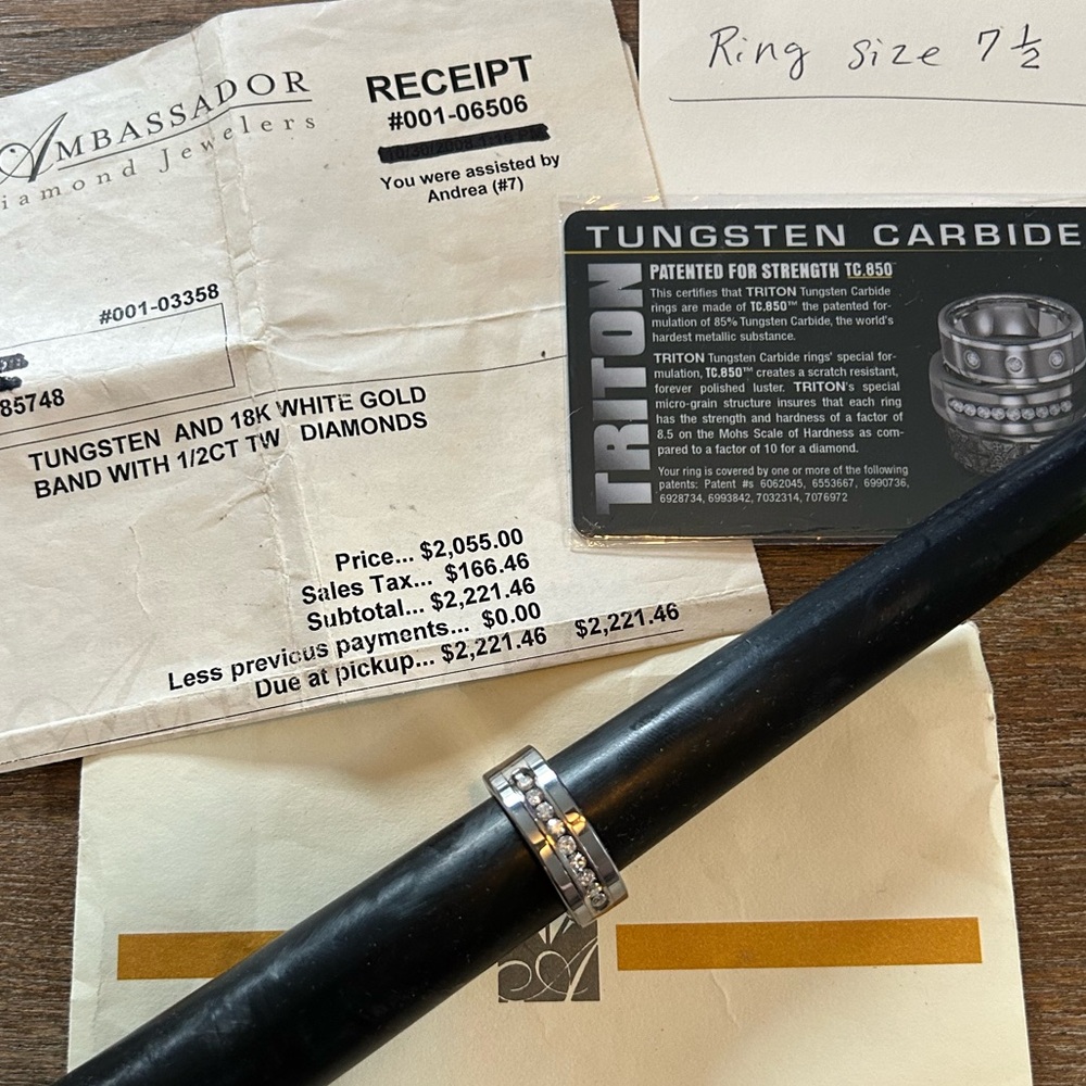 Men’s TRITON Tungsten and 18K white gold wedding band w 1/2 CT total wt diamonds